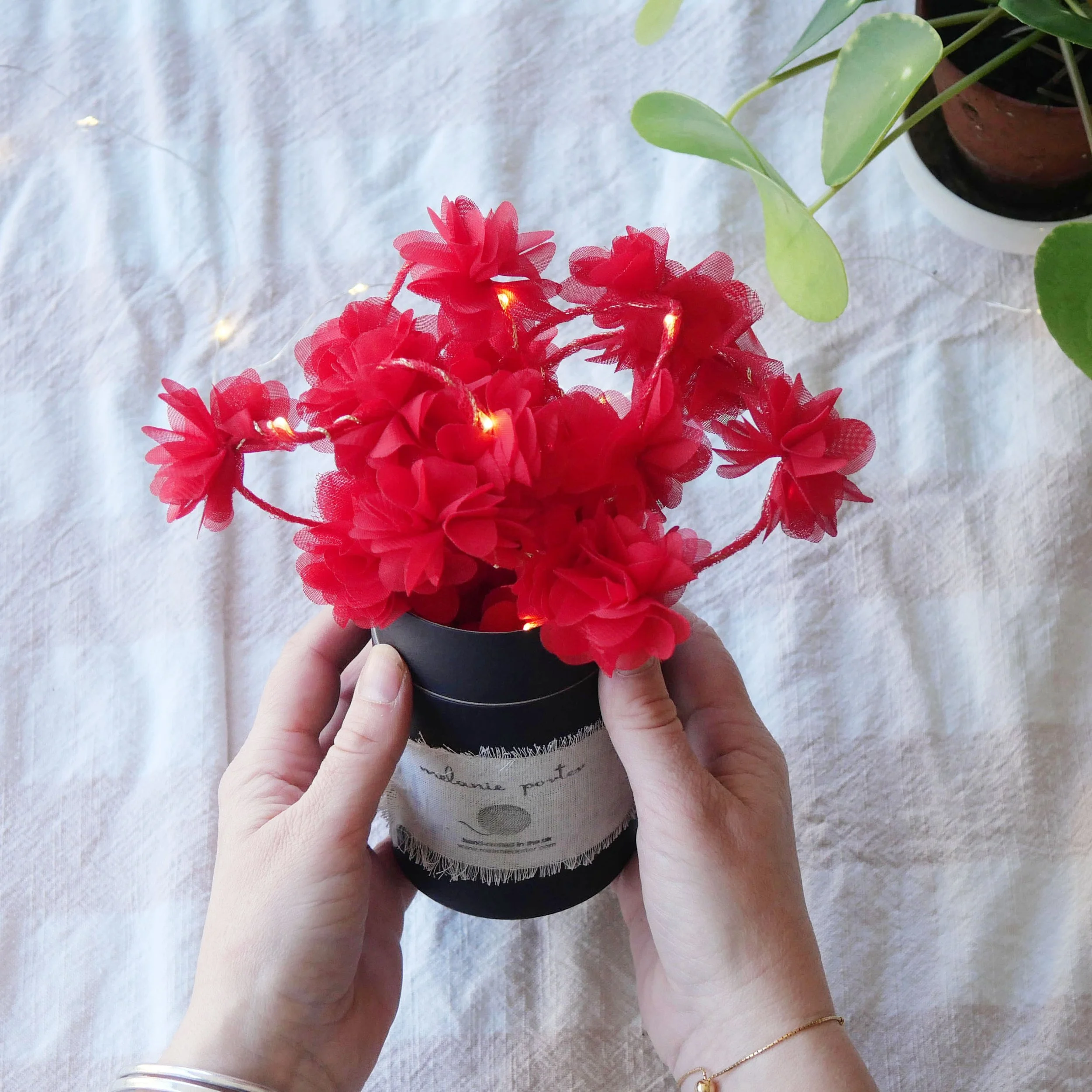Red flower fairy lights with warm LEDs held in hands