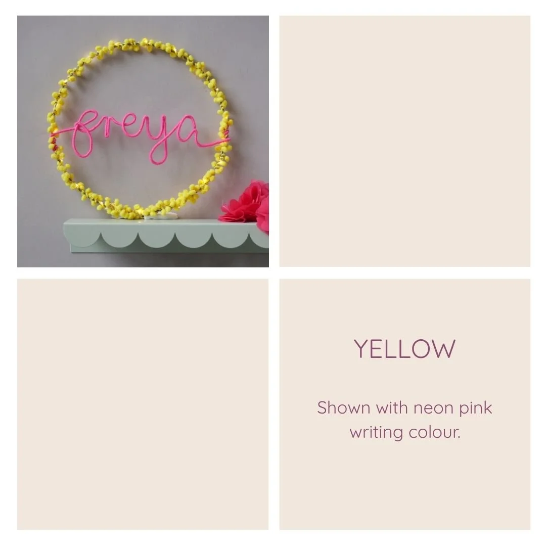 Yellow personalised hoop light examples with different writing colours