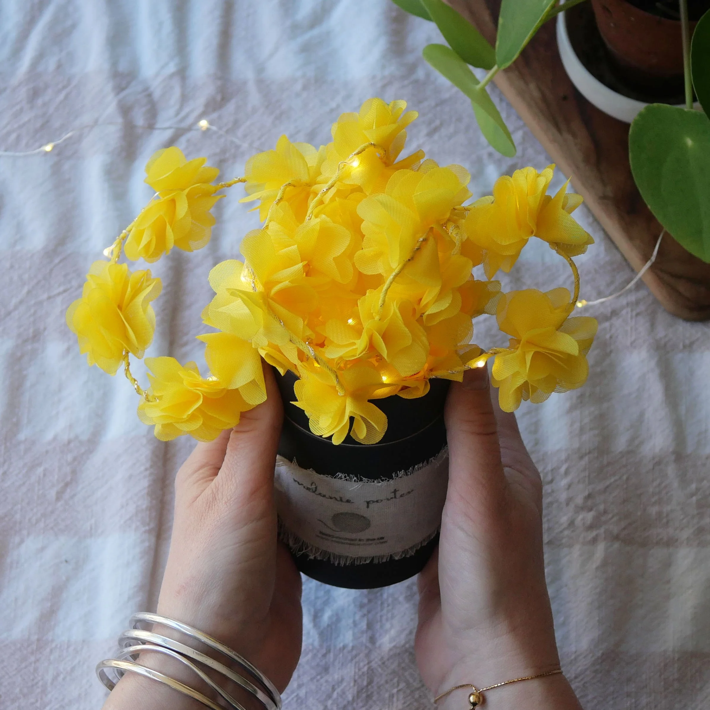 Yellow flower fairy lights handmade with chiffon flowers and warm LEDs