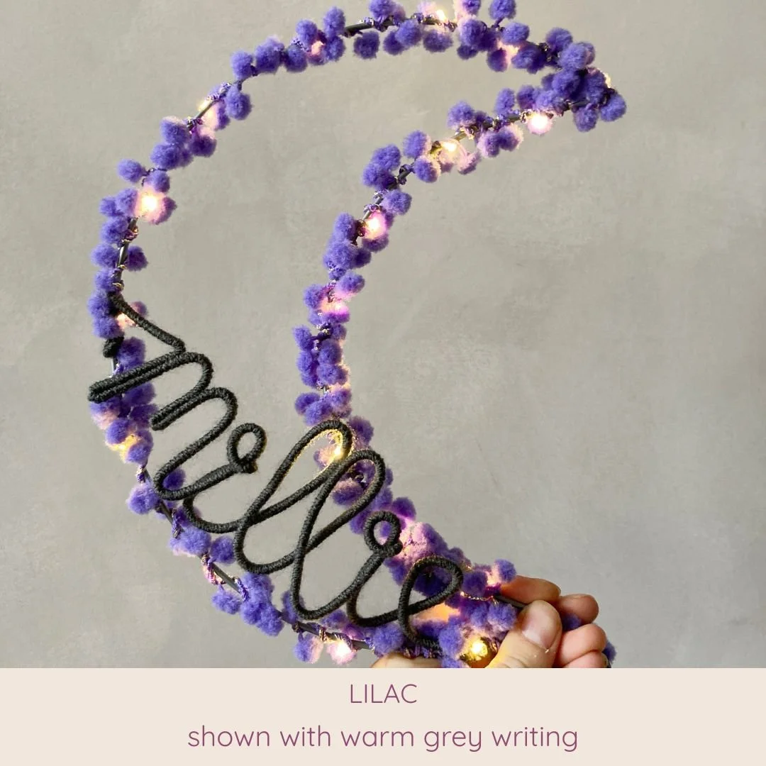 Lilac personalised moon light with custom name in warm grey