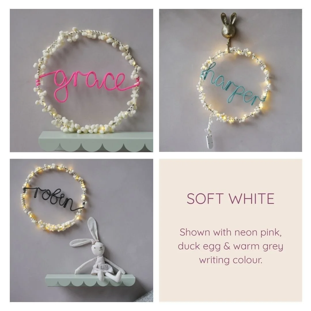 Soft white personalised hoop light examples with different writing colours