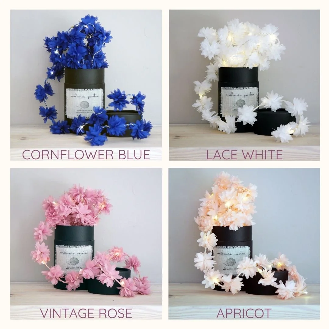 Cornflower Fairy Lights in cornflower blue, lace white, vintage rose and apricot colour options