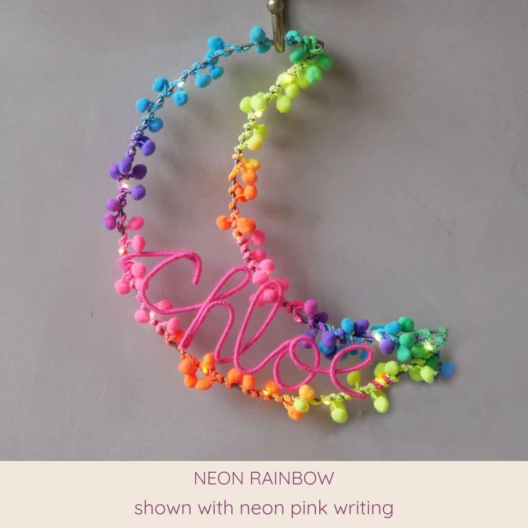 Neon rainbow personalised moon light with custom name in neon pink