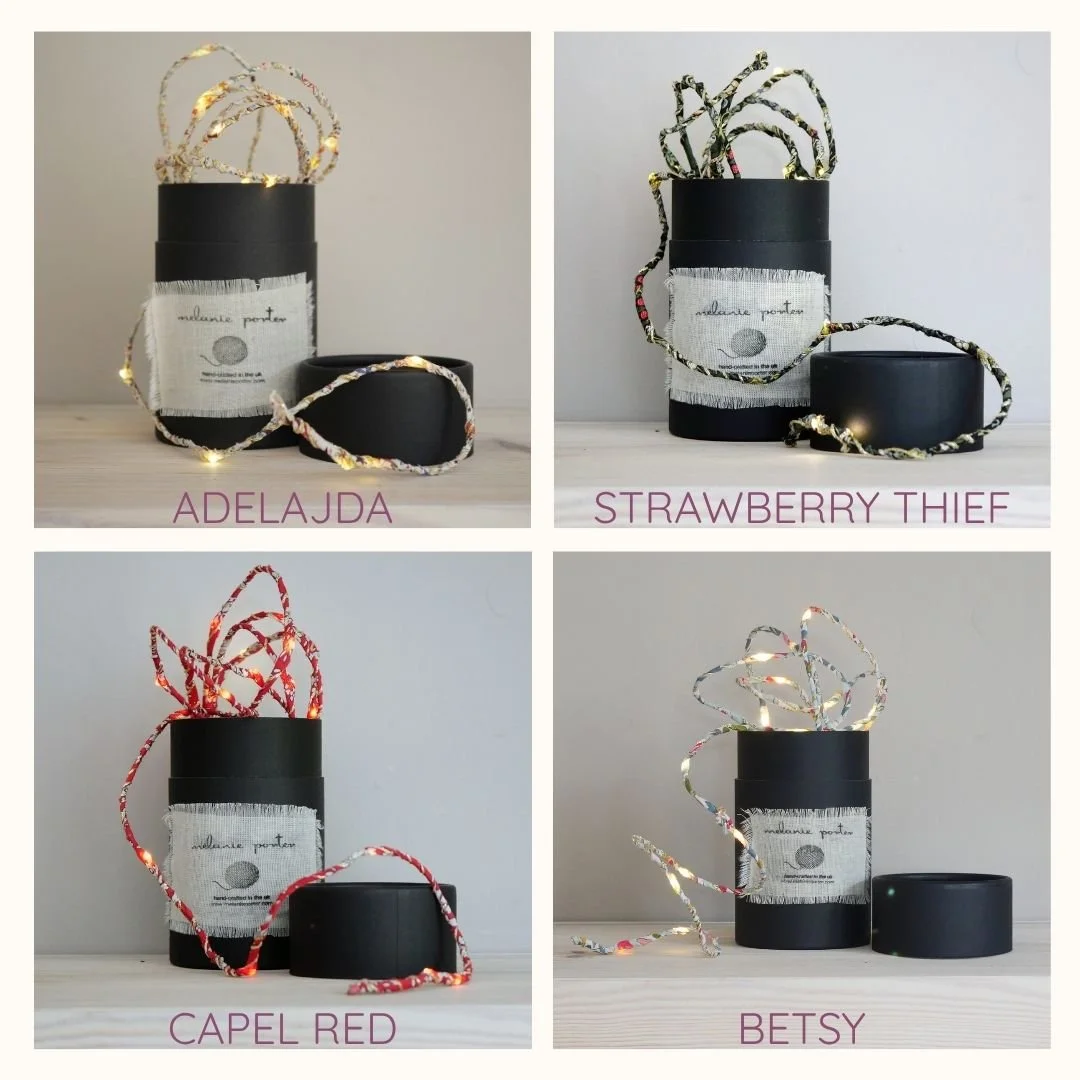 Liberty fairy light fabric options including Adelajda, Strawberry Thief, Capel Red and Betsy
