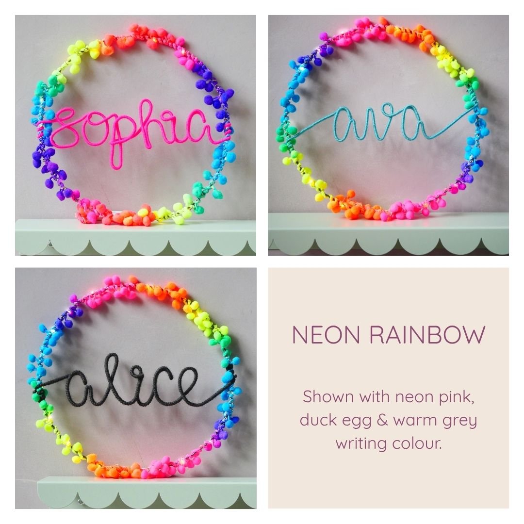 Neon rainbow personalised hoop light examples with different writing colours