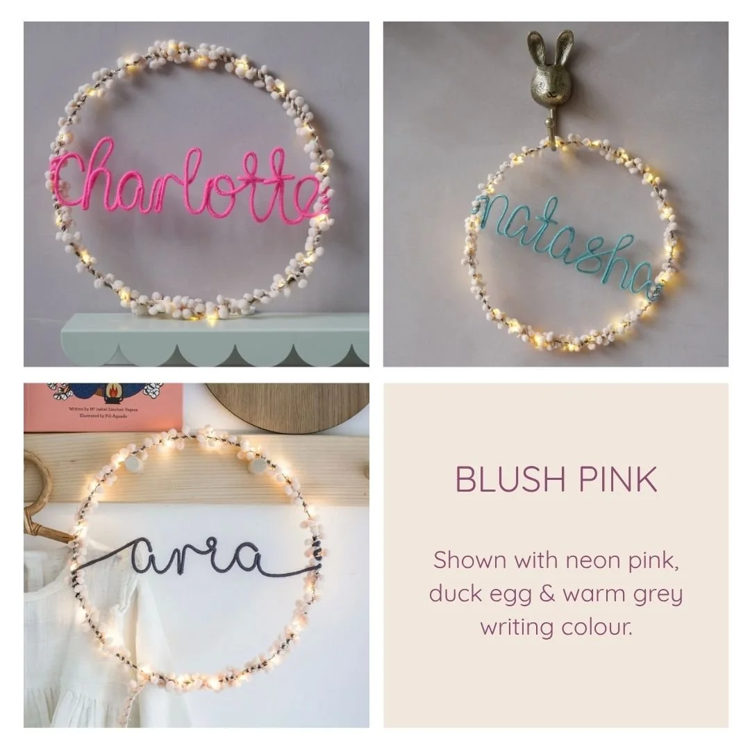 Blush pink personalised hoop light examples with different writing colours
