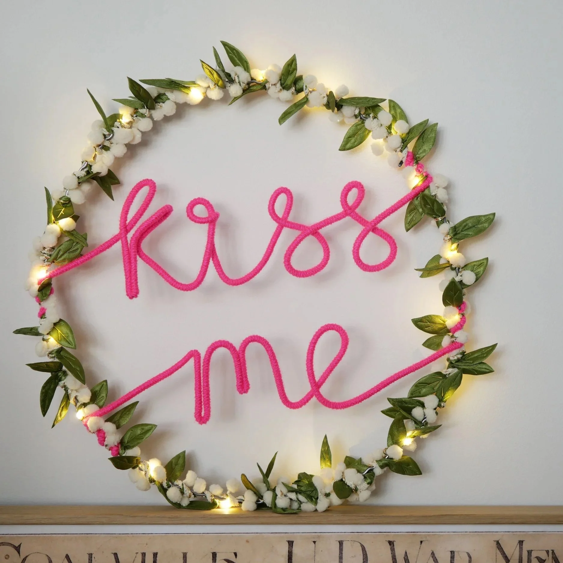 Kiss Me mistletoe Christmas wreath with warm white LED lights