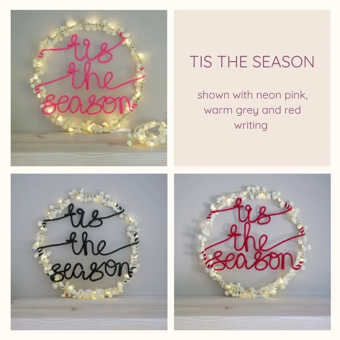 Tis the Season white pom pom Christmas wreath lettering options