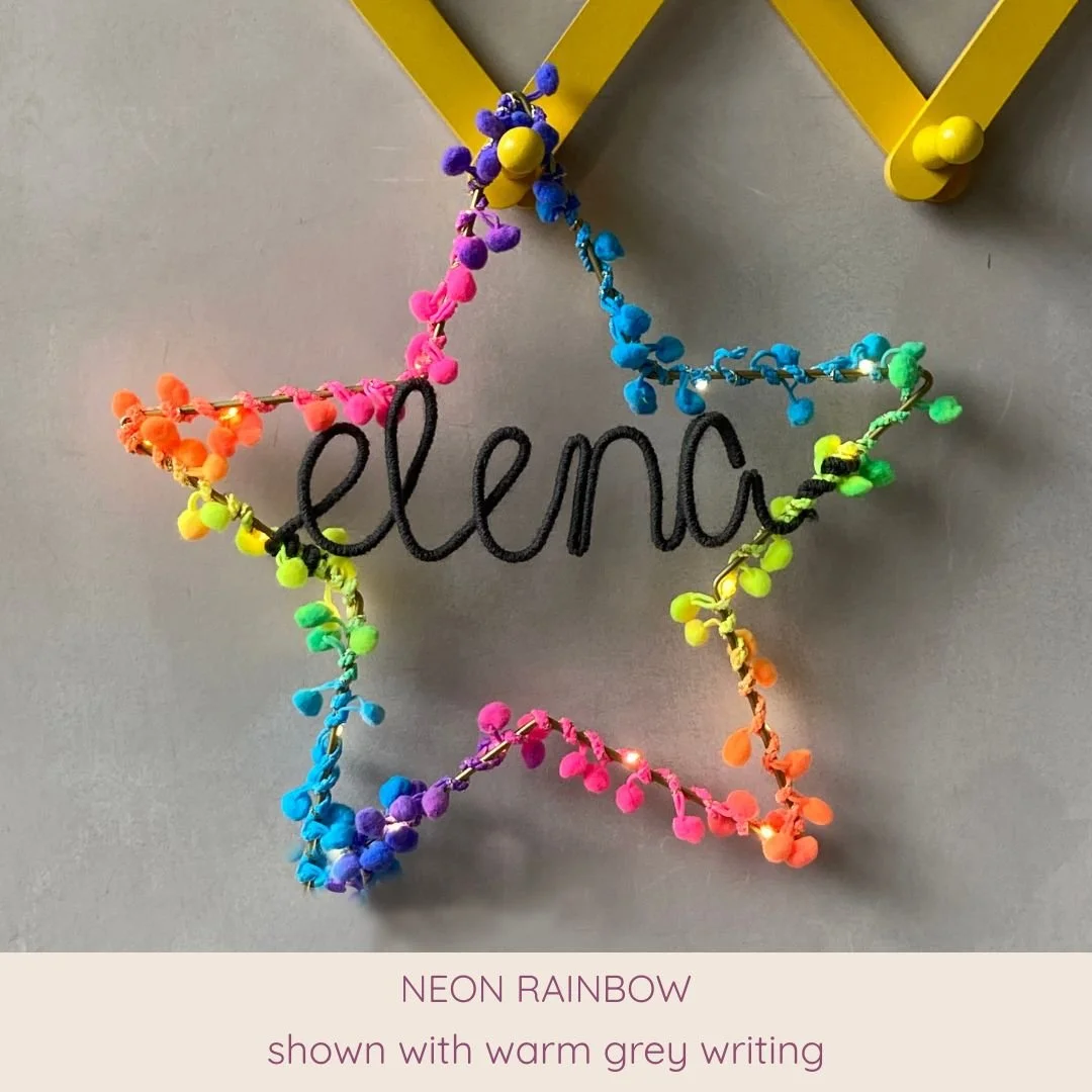 Neon rainbow personalised star light with Elena name in warm grey