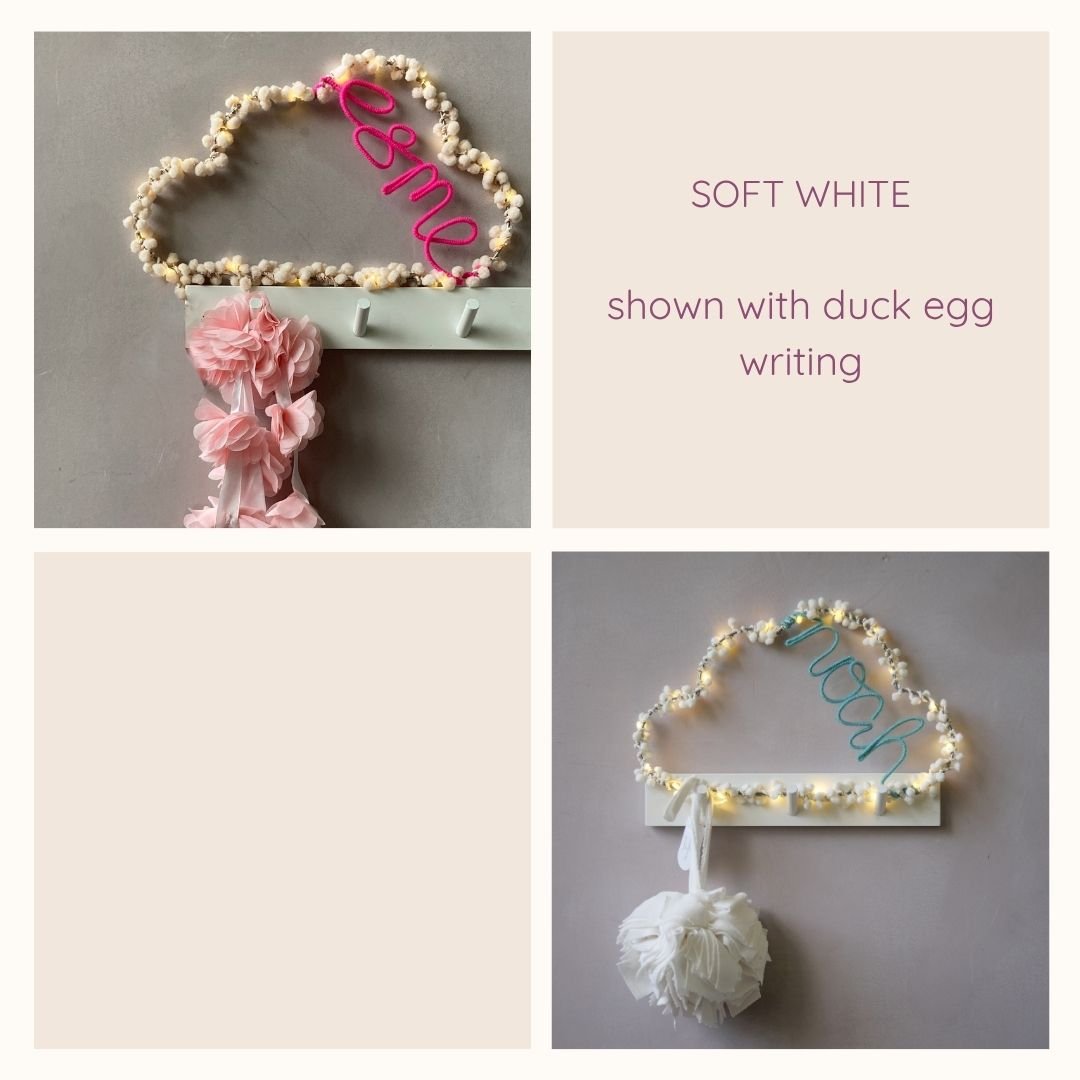 Soft white personalised cloud light shown with duck egg writing and different styling options