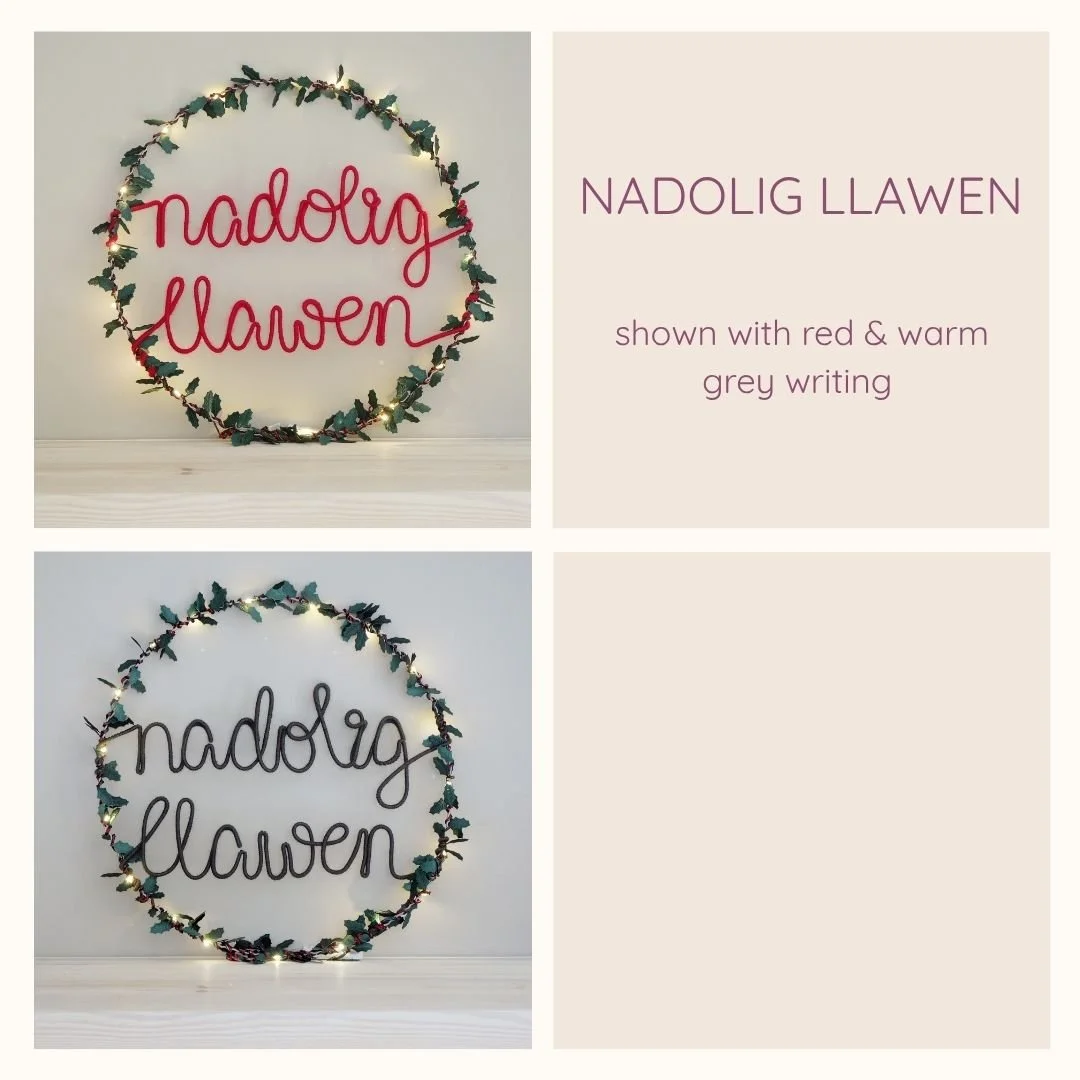 Nadolig Llawen Christmas light up wreath lettering colour options