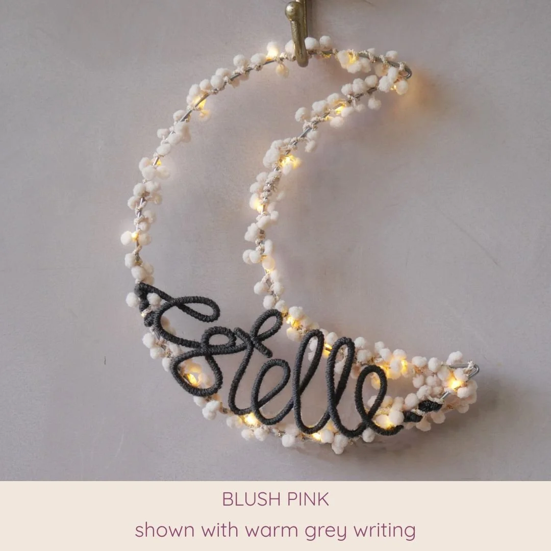 Blush pink personalised moon light with custom name in warm grey