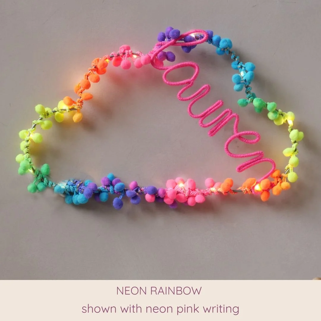 Neon rainbow personalised cloud light with neon pink custom name