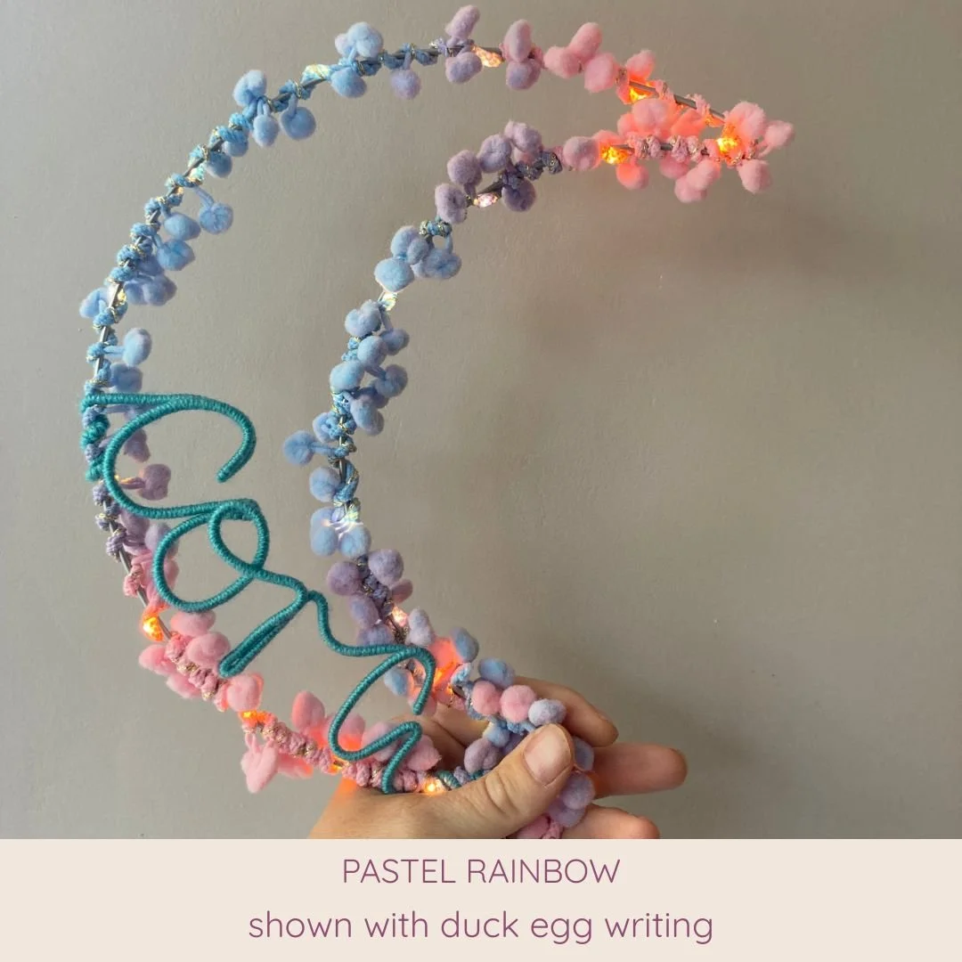 Pastel rainbow personalised moon light with custom name in duck egg