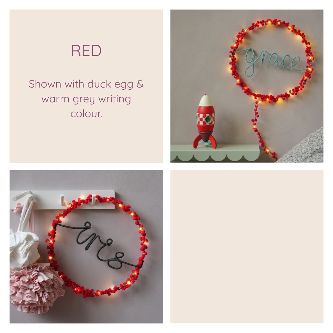 Red personalised hoop light examples with different writing colours
