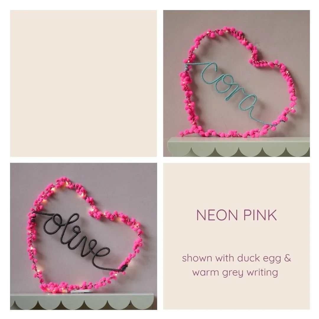 Neon pink personalised heart light examples with different writing colours