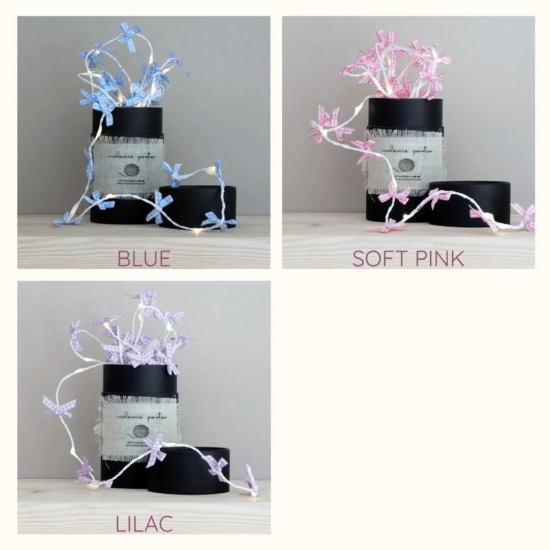 Gingham bow fairy lights in blue, soft pink and lilac colour options