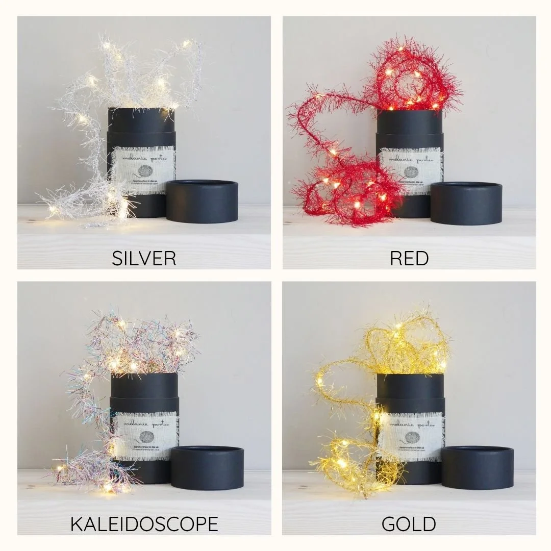 Tinsel fairy lights in silver gold red and kaleidoscope
