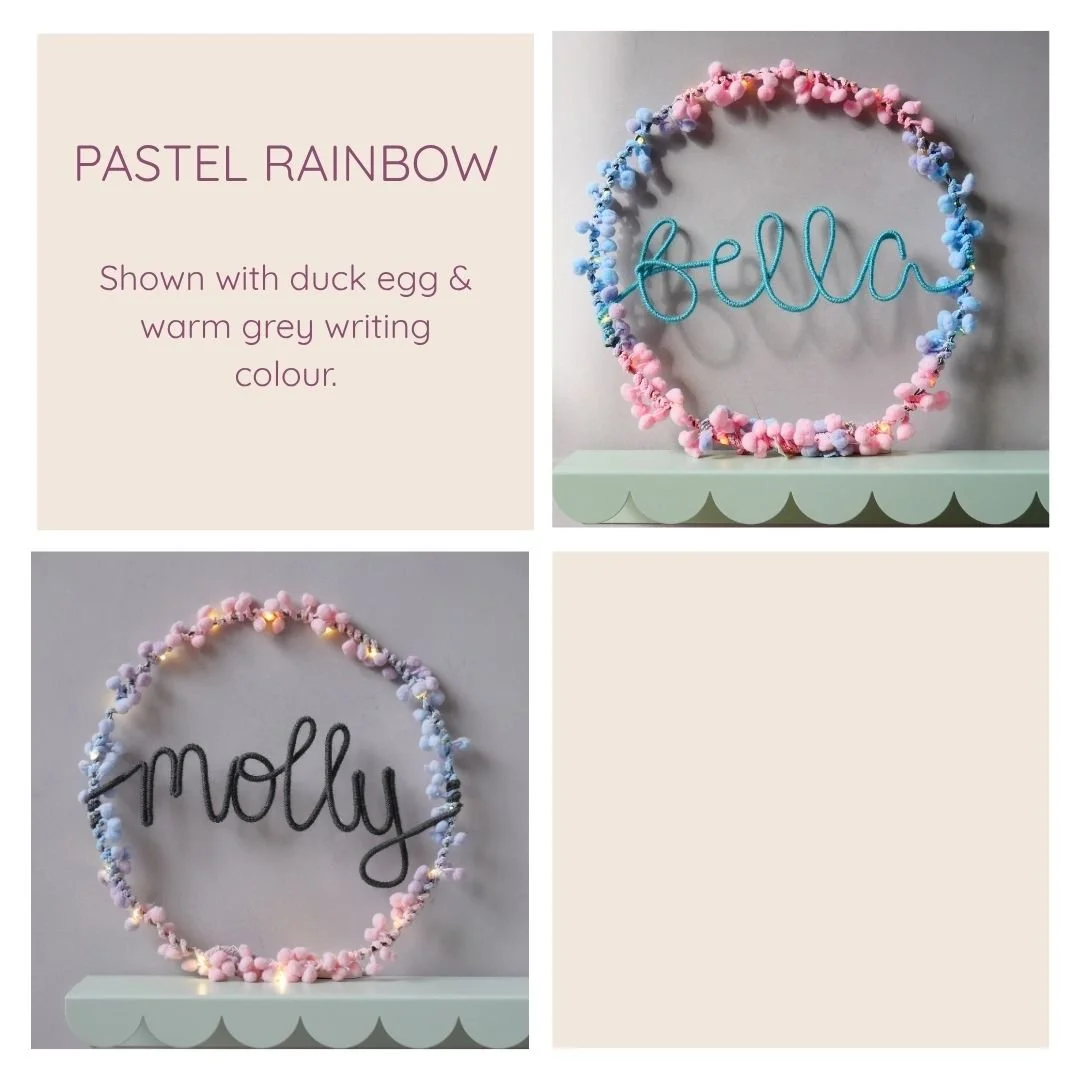 Pastel rainbow personalised hoop light examples with different writing colours