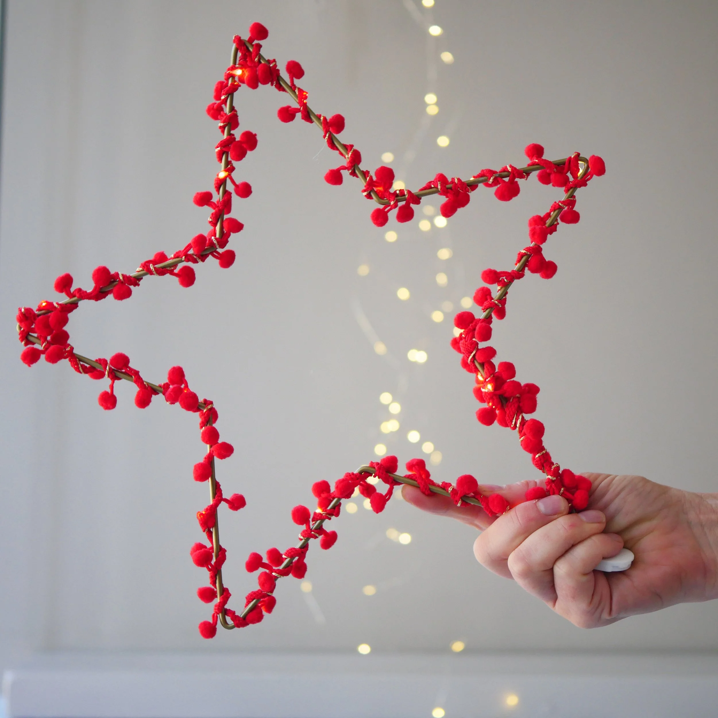 Red: Red Pom Pom Star Light with warm white LEDs