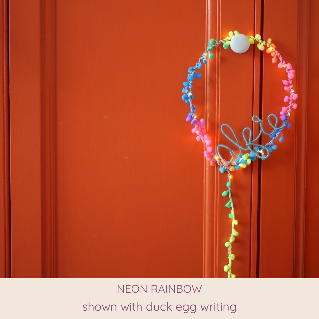 Neon rainbow personalised balloon light with duck egg name
