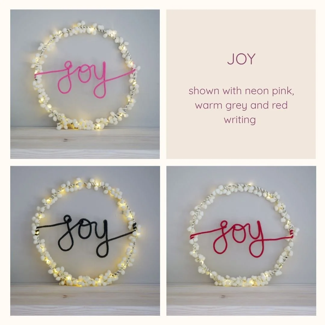 Joy white pom pom Christmas wreath lettering options
