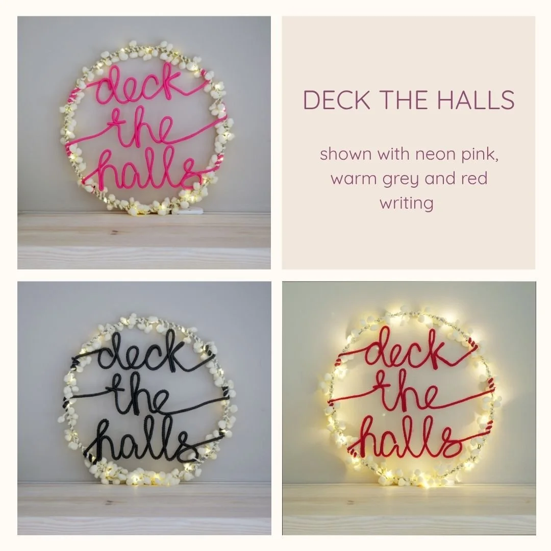 Deck the Halls white pom pom Christmas wreath lettering options
