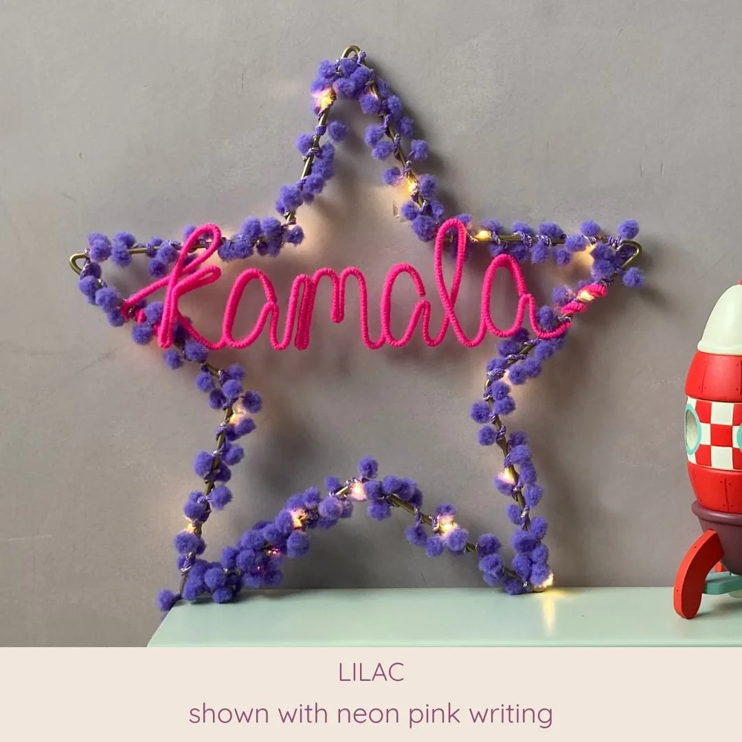 Lilac personalised star light with Kamala name in neon pink