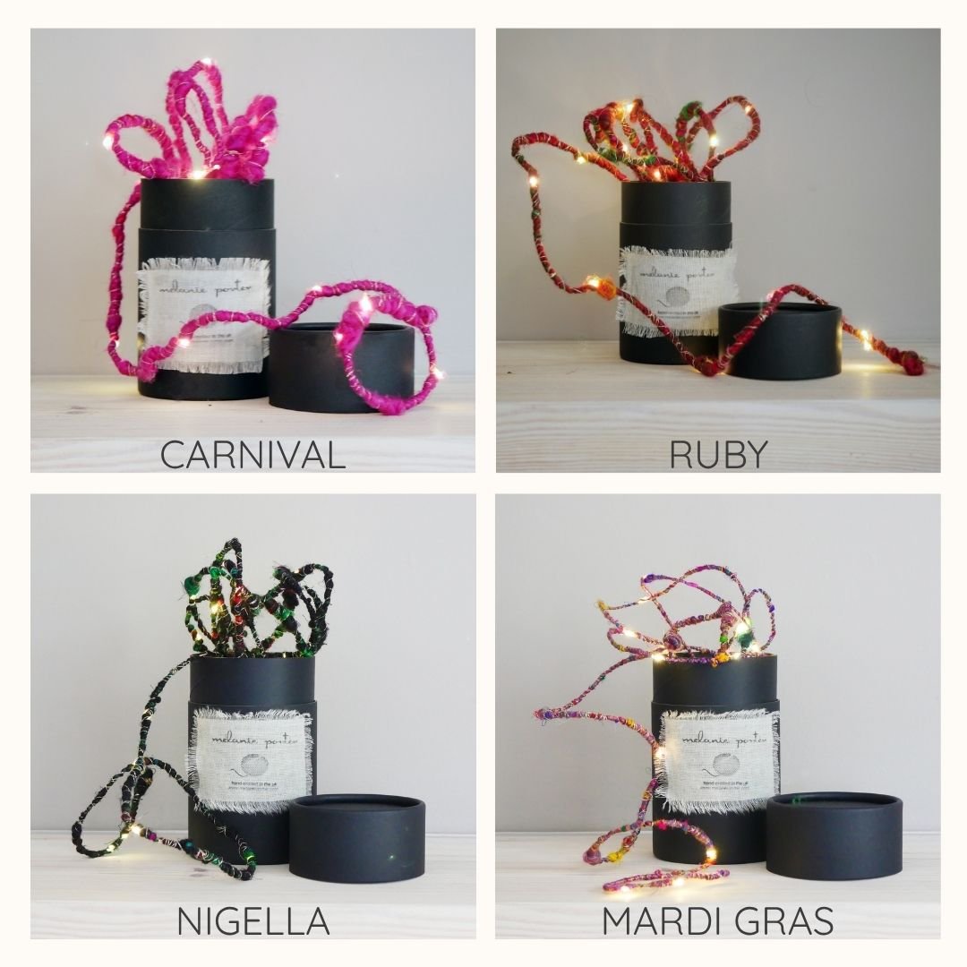 Carnival, Ruby, Nigella and Mardi Gras sari silk fairy lights with gift boxes