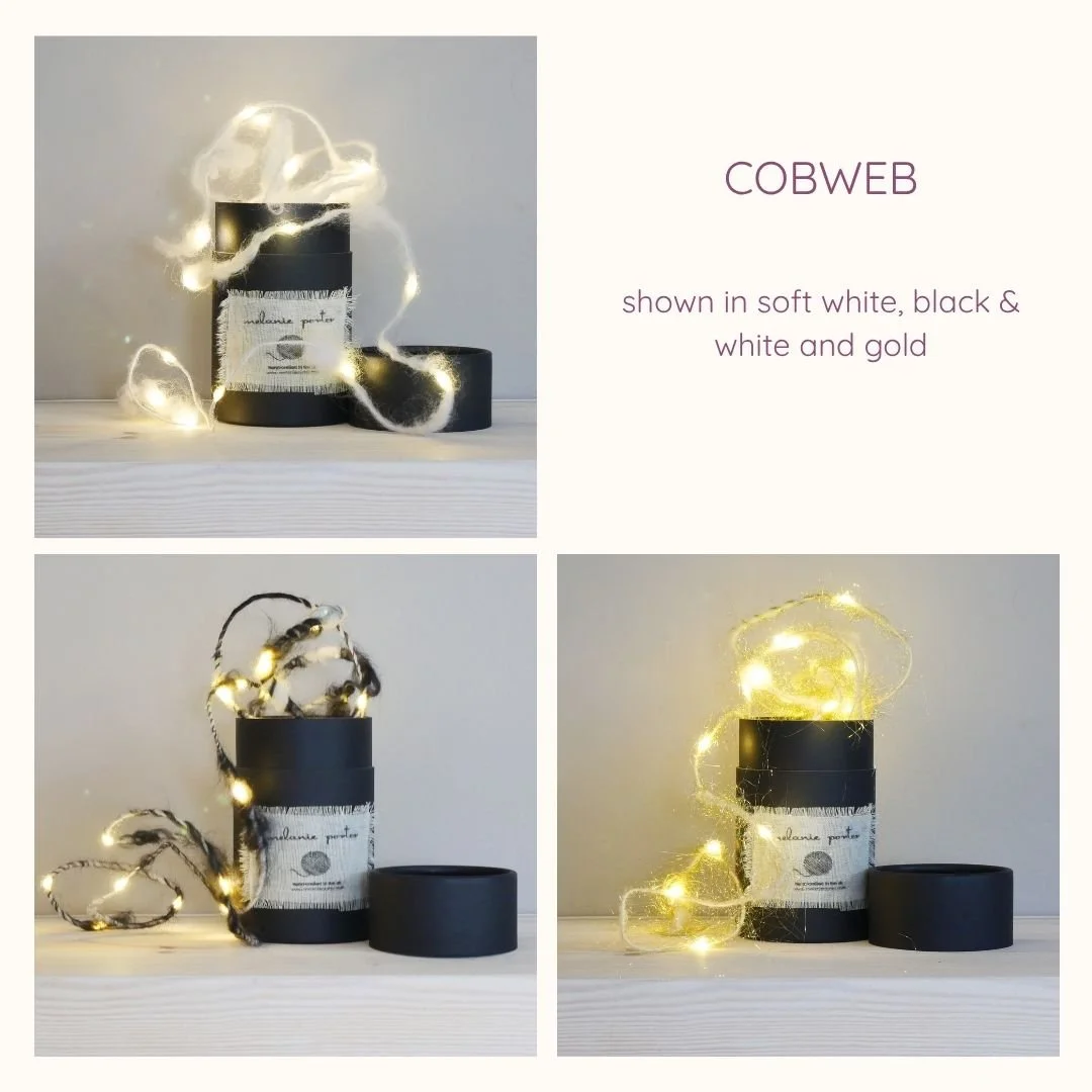 Cobweb fairy lights colour options in soft white, black and white, and gold