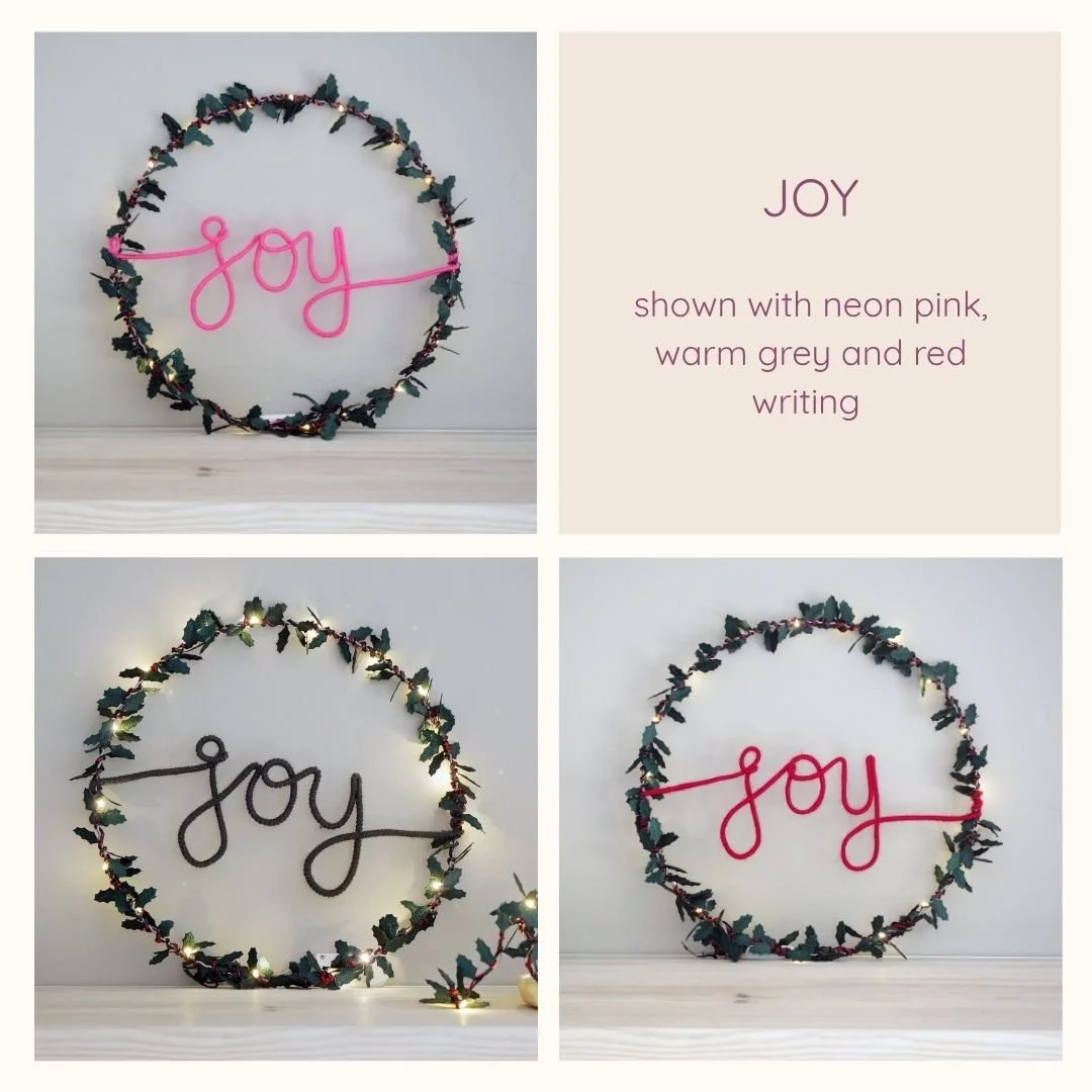 Joy Christmas message wreath lettering options