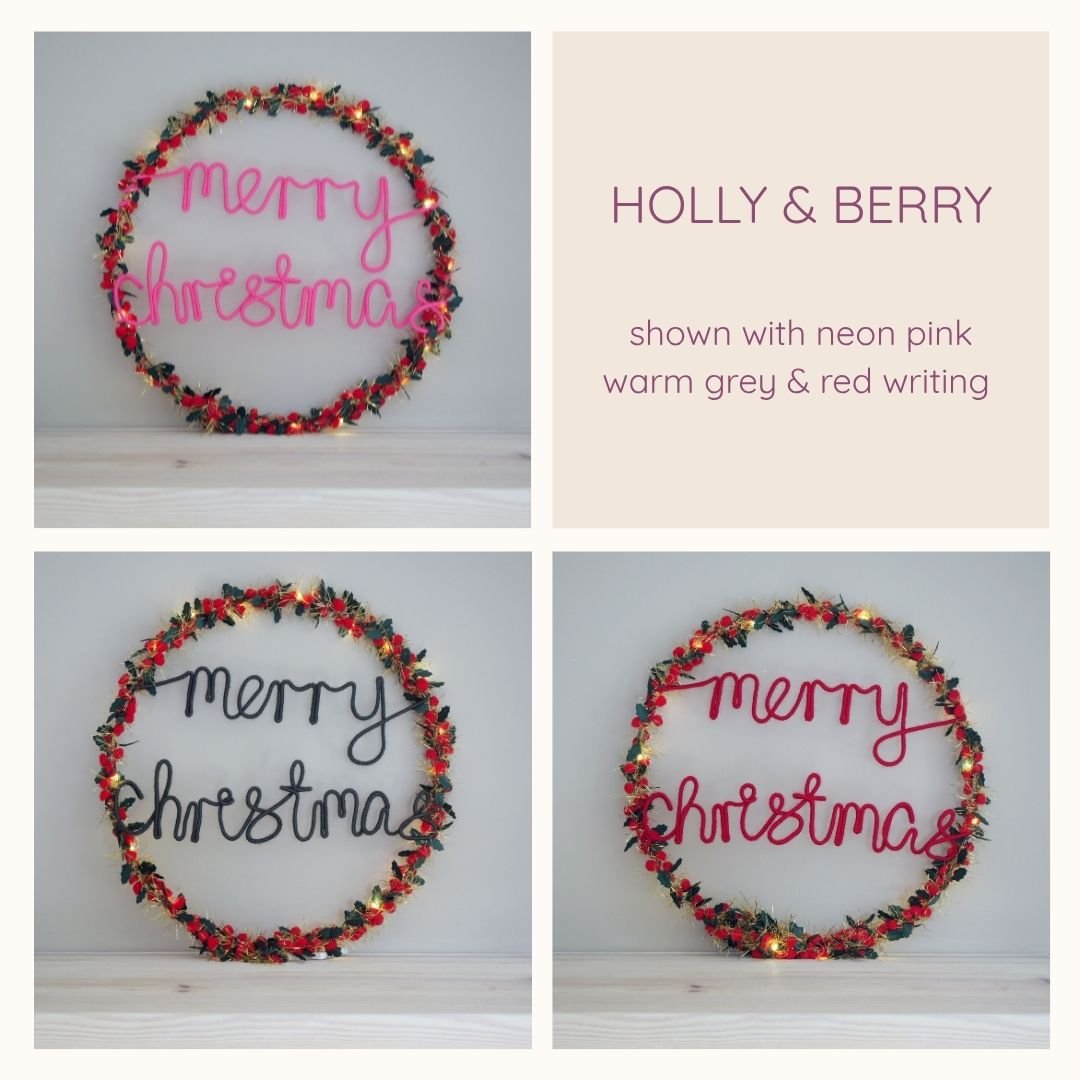 8. Holly and Berry Merry Christmas light up wreath colour options