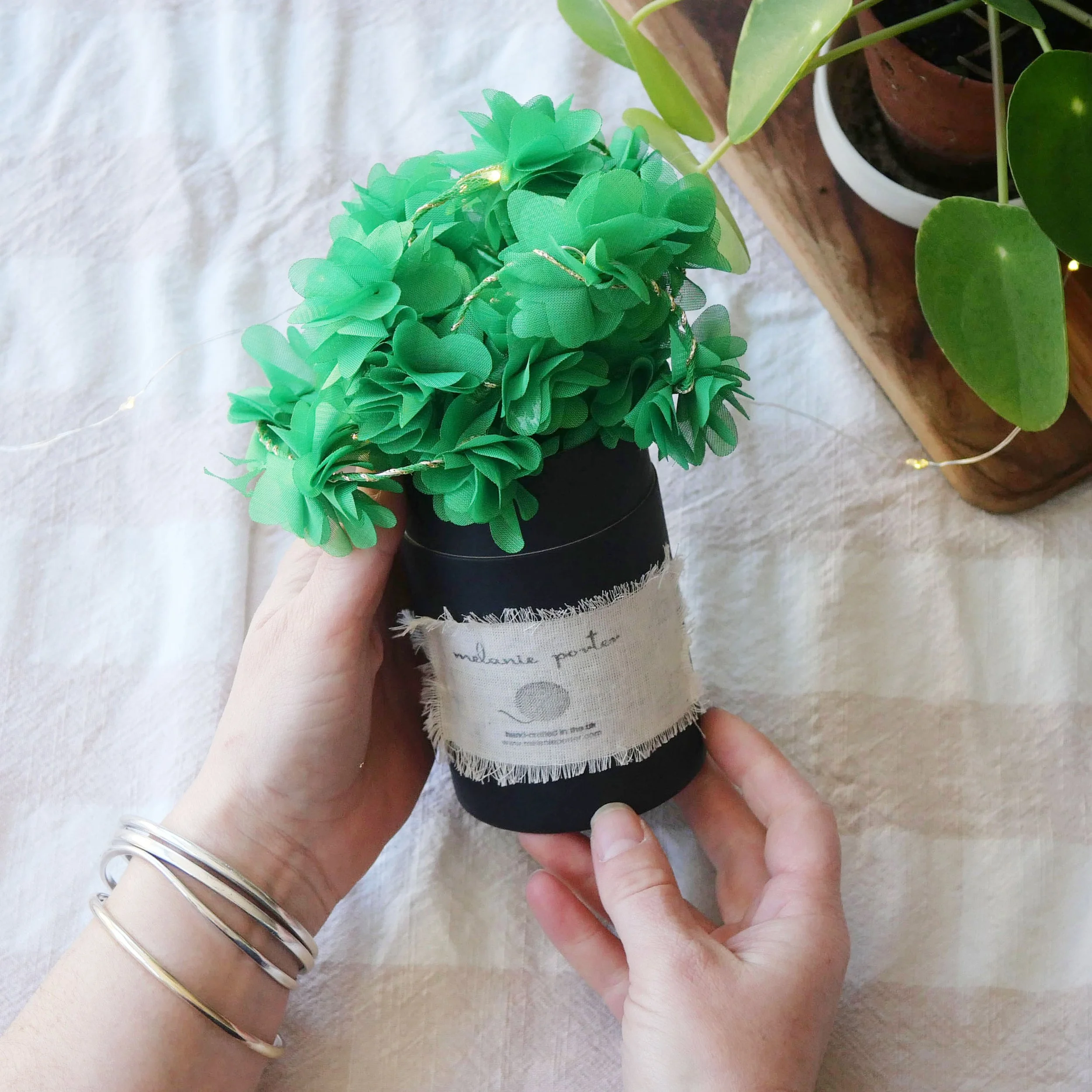 Green flower fairy lights handmade with chiffon flowers