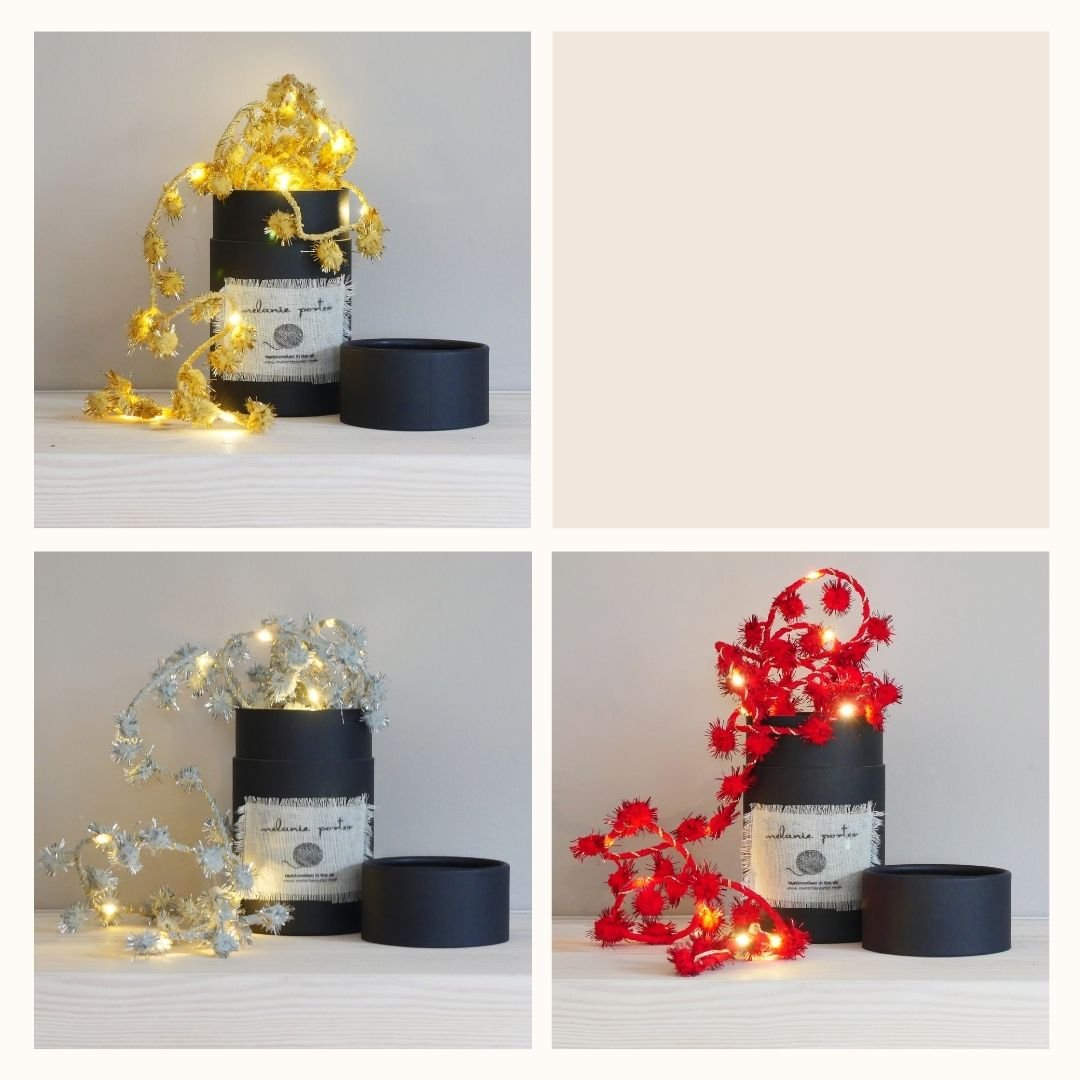 Tinsel fairy lights available in gold silver and red