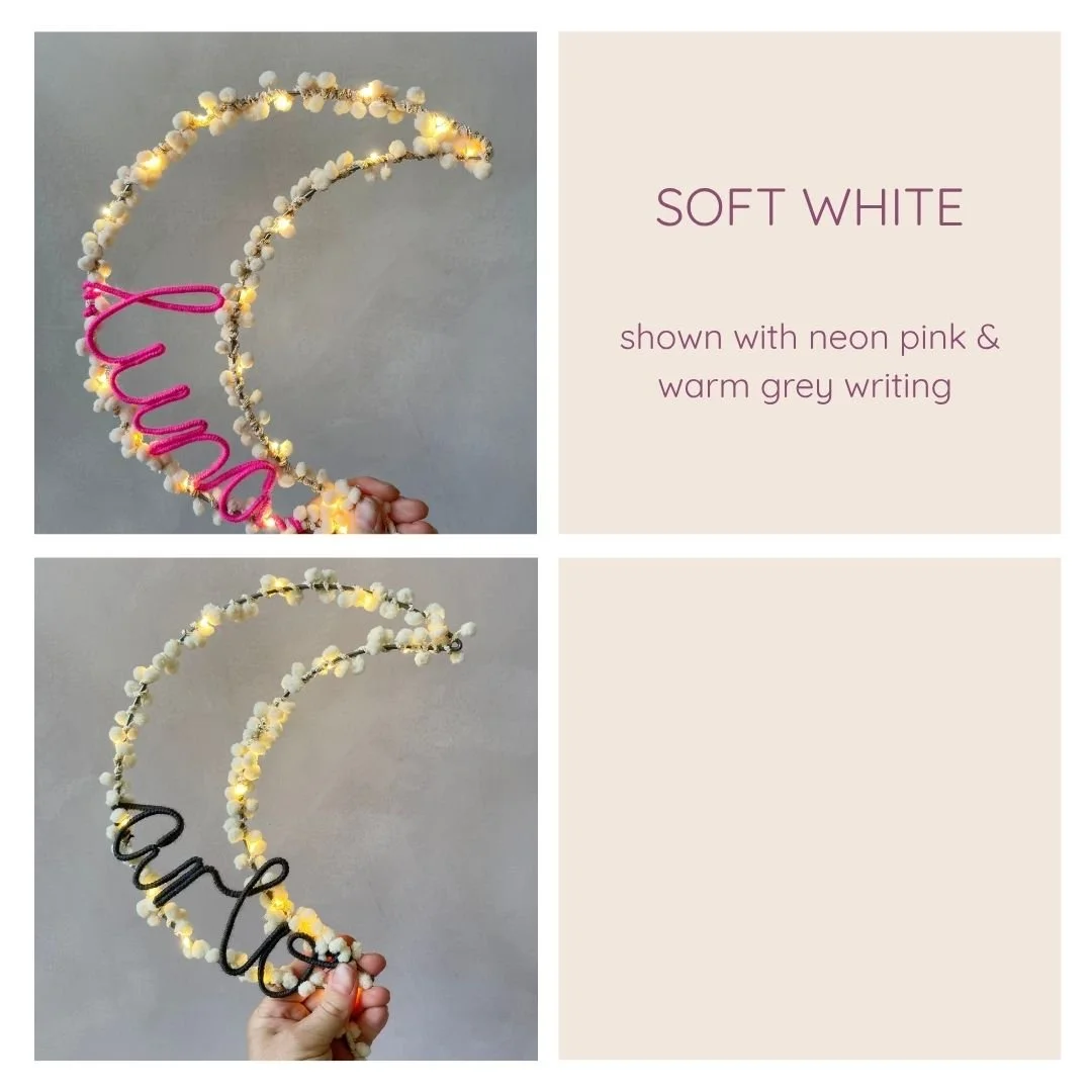 Soft white personalised moon light examples with neon pink and warm grey writing