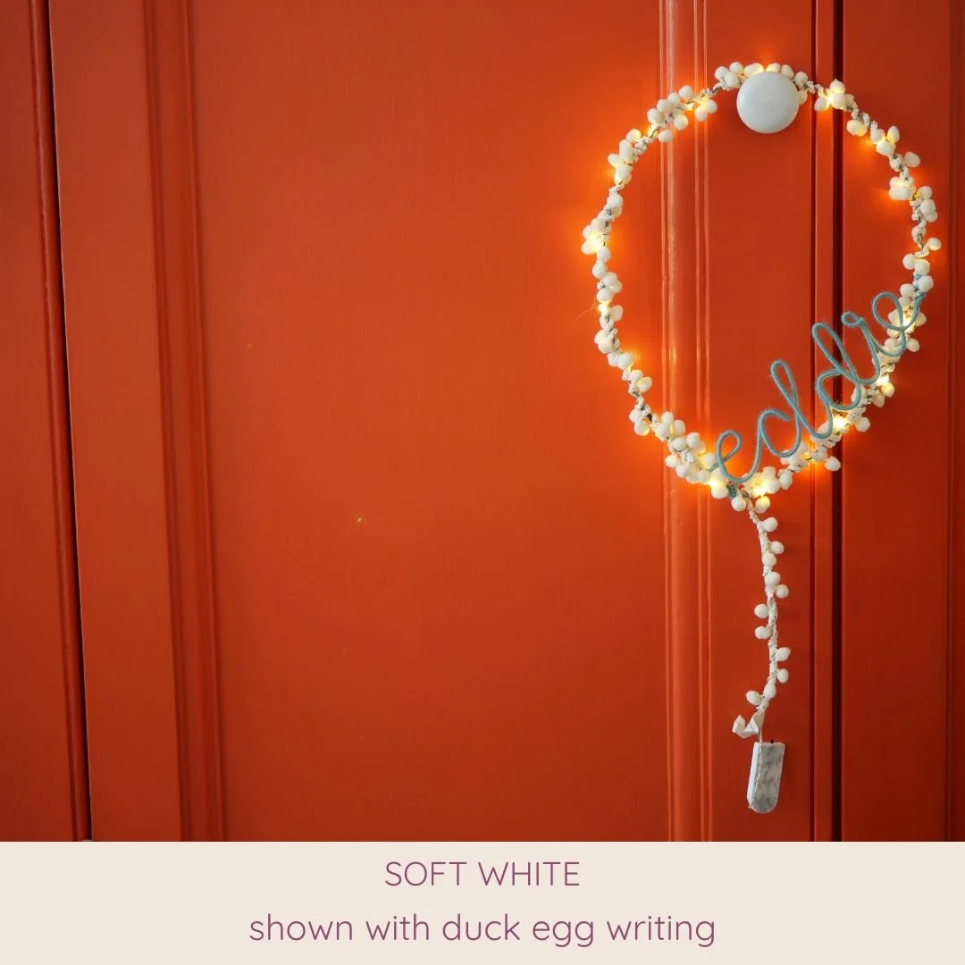 Soft white personalised balloon light with duck egg name