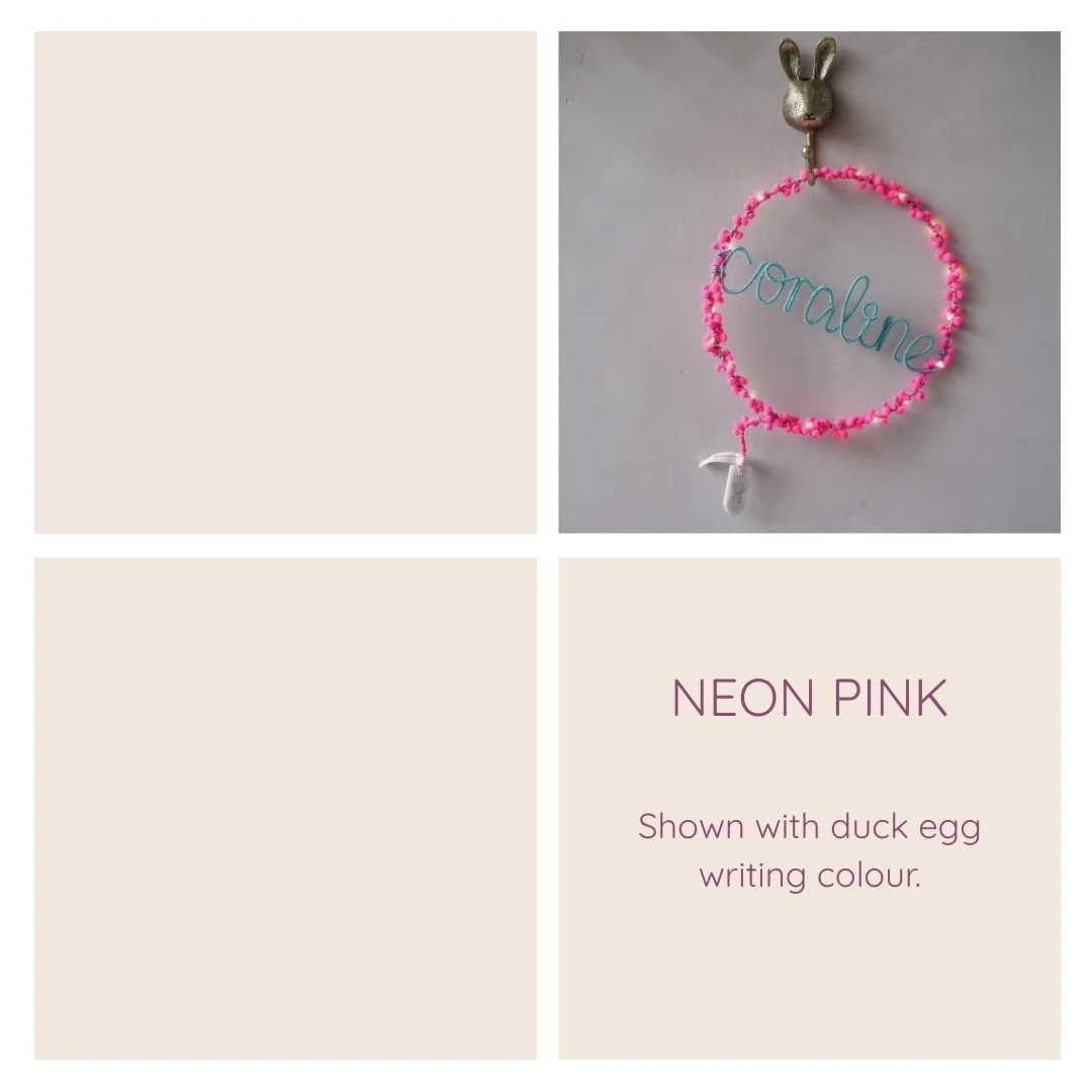 Neon pink personalised hoop light examples with different writing colours