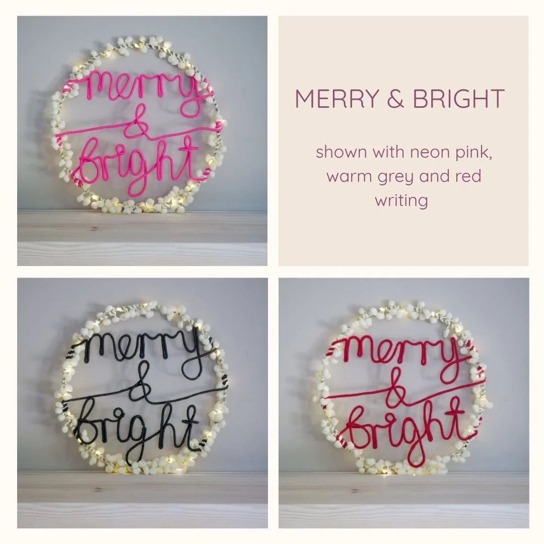 Merry and Bright white pom pom Christmas wreath lettering options