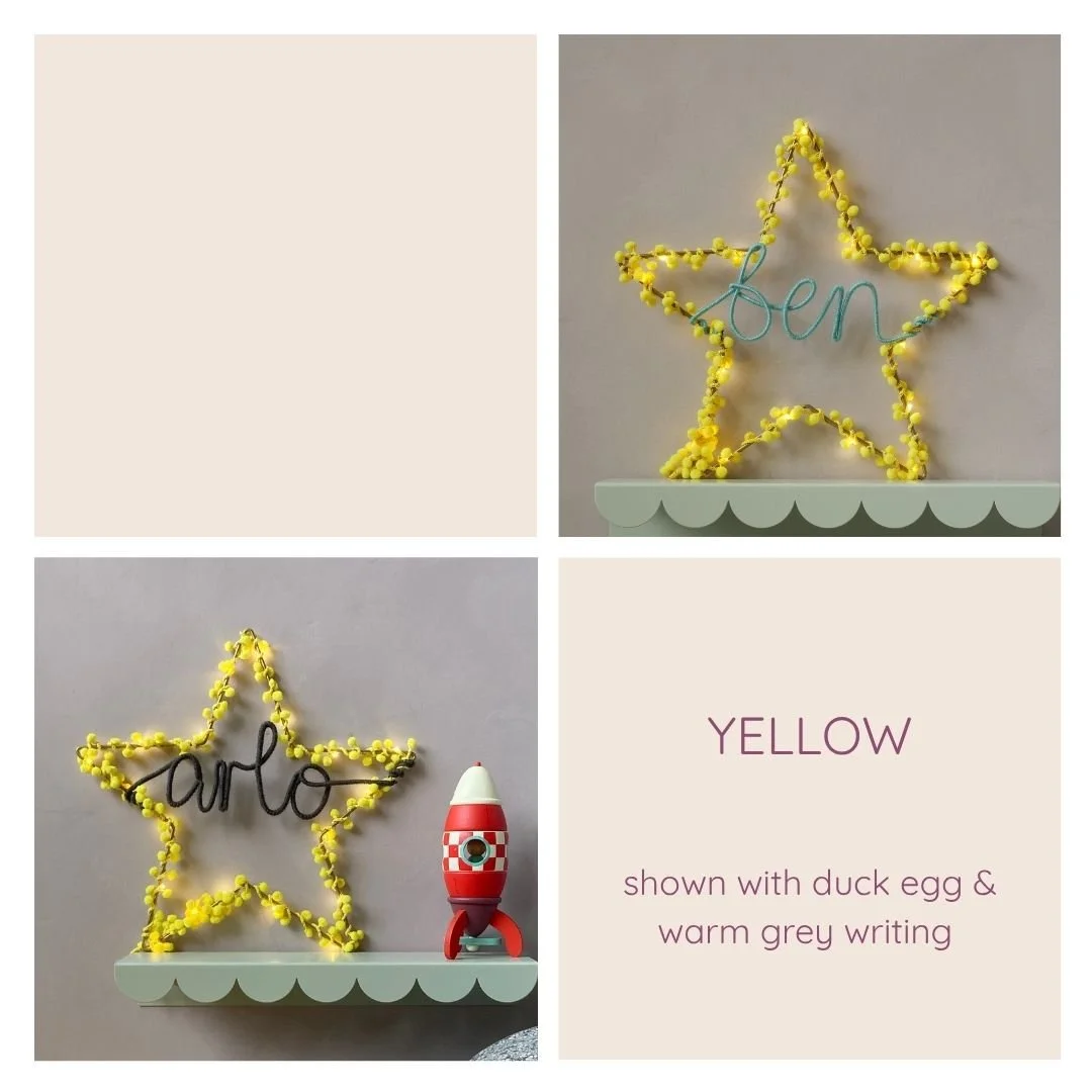 Yellow personalised star light examples with different writing colours