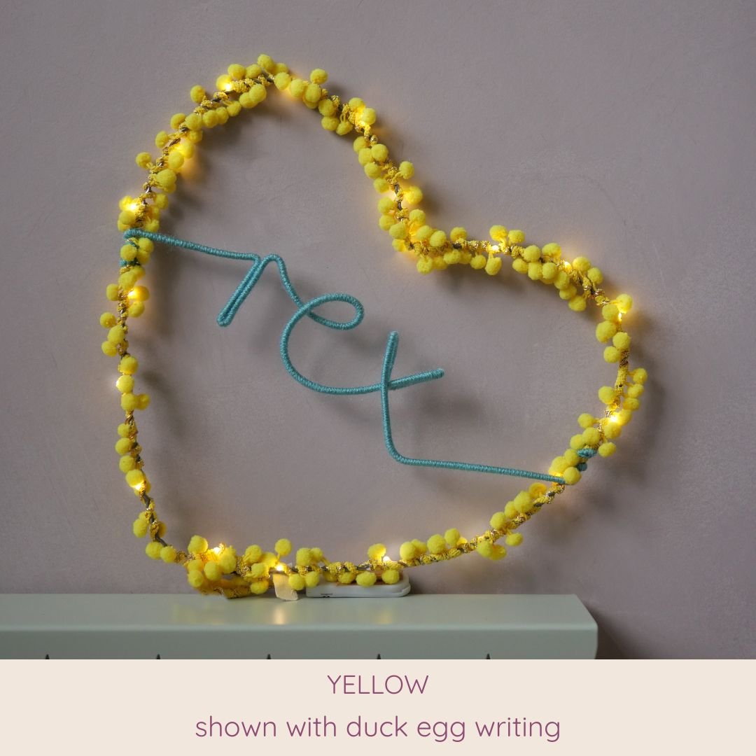 Yellow personalised heart light with custom name in duck egg