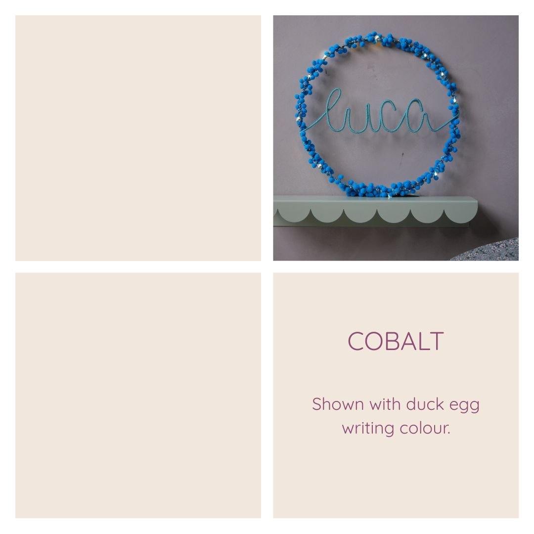 Cobalt blue personalised hoop light examples with different writing colours