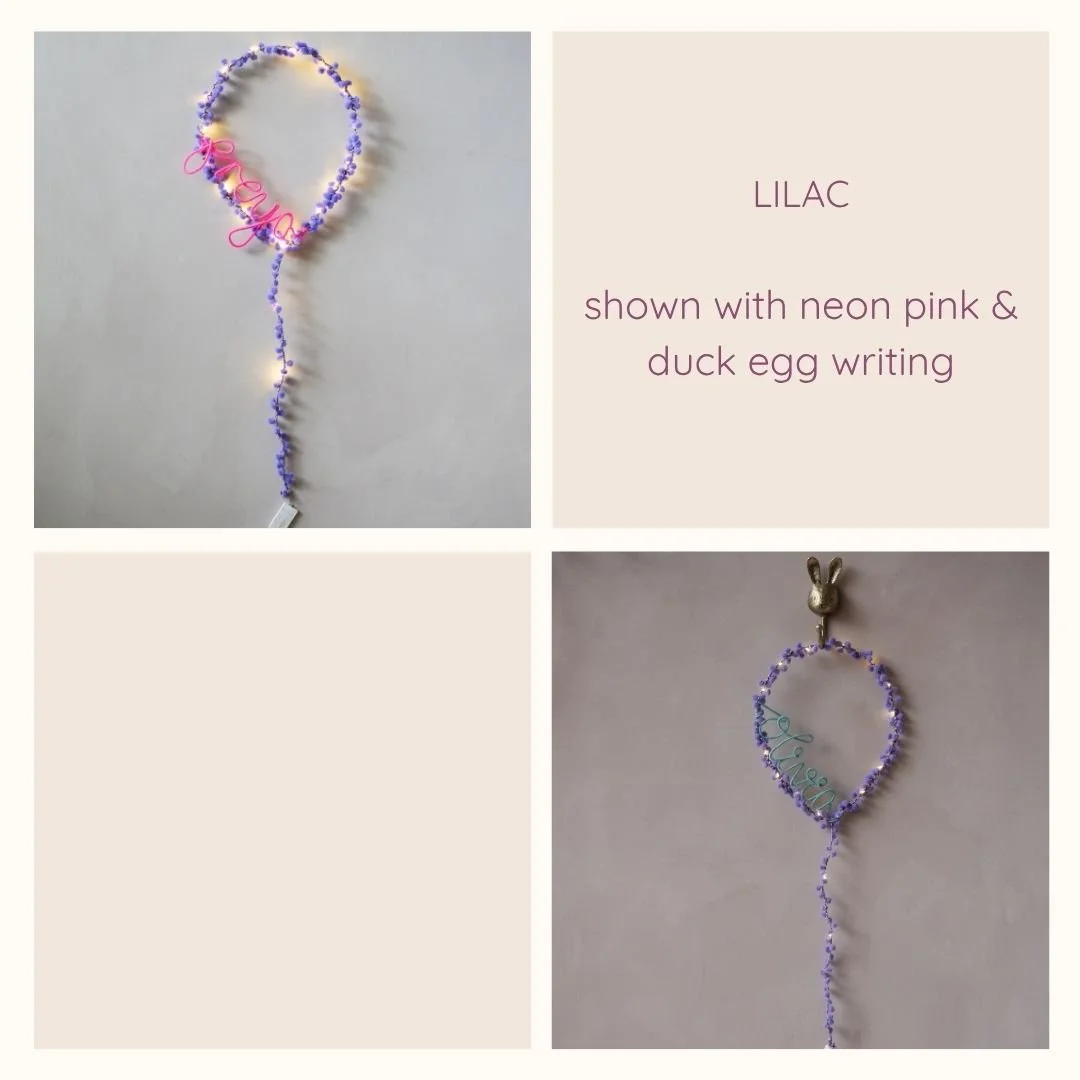 Lilac personalised balloon light with neon pink and duck egg writing