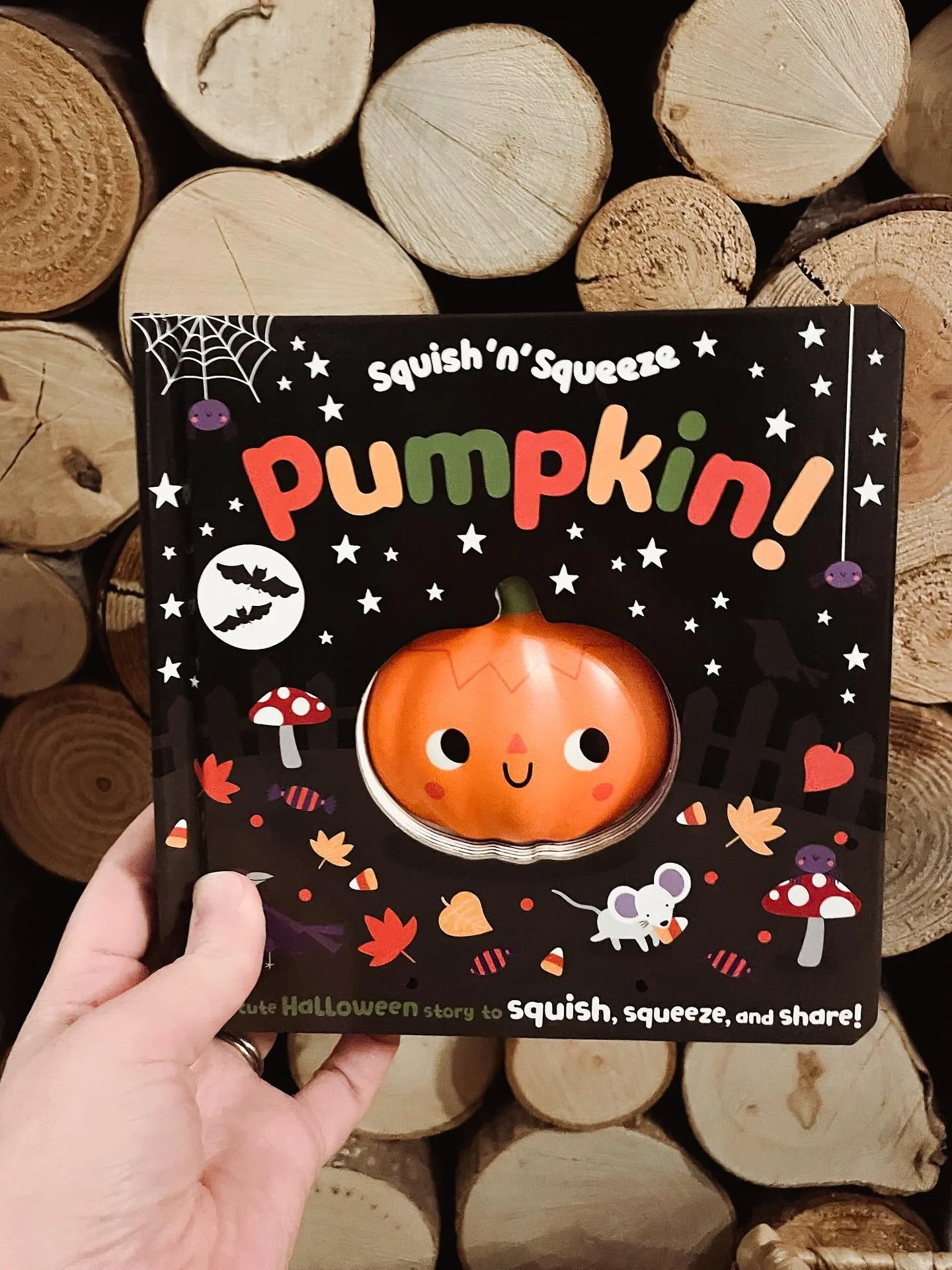 With a large squishy pumpkin in the middle of the page, a halloween friend holding a treat to find on every page and an invitation to shout ‘boo!’ This book is a lot of fun for little readers