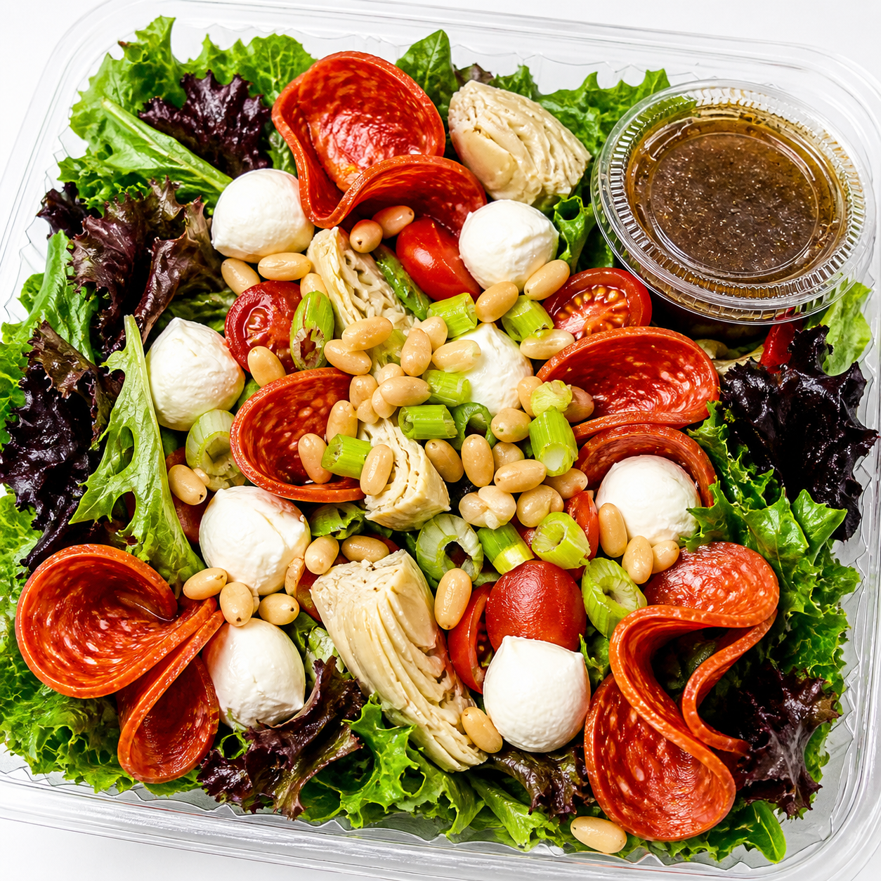 Tomato, Mozzarella, Pepperoni and Toasted Pine Nuts Salad (GF, Veg)