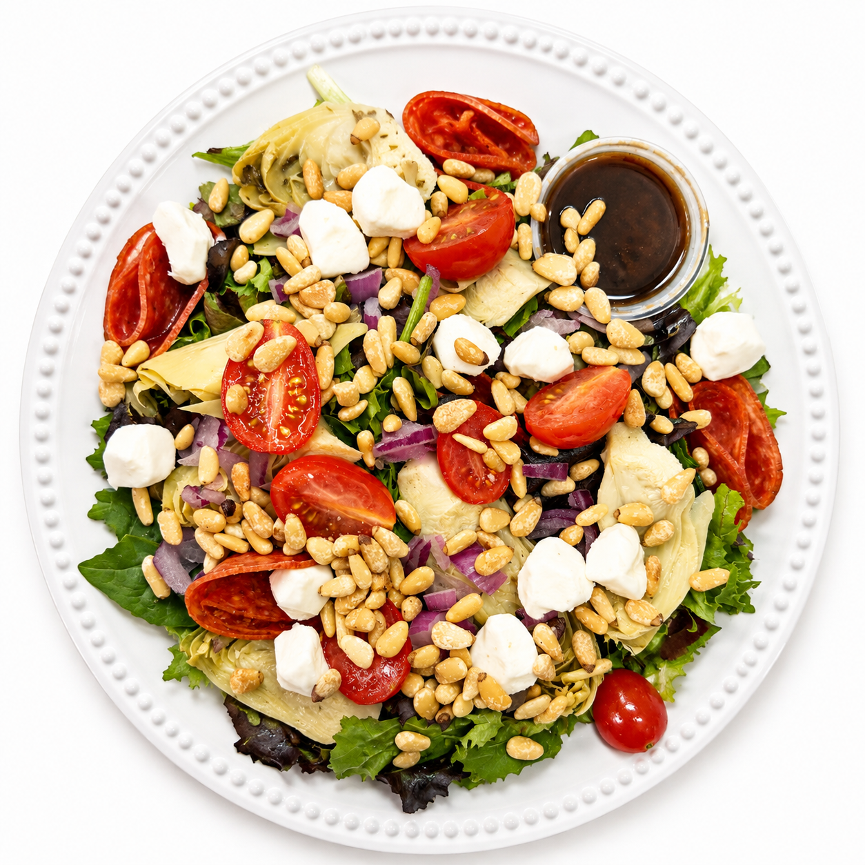 Tomato, Mozzarella, Pepperoni and Toasted Pine Nuts Salad (GF, Veg)