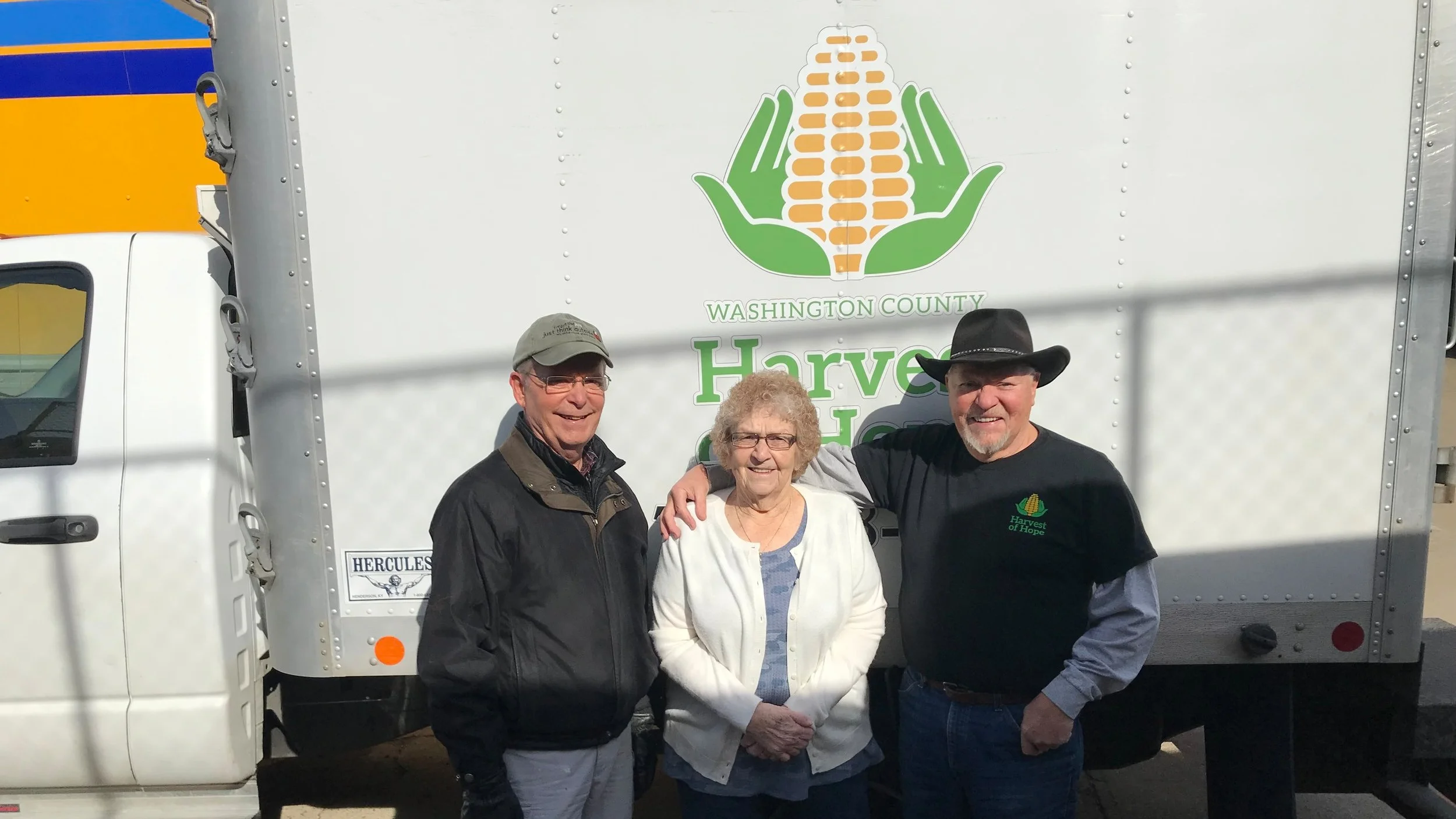 From left to right: Joe Baker (Harvest of Hope), Ruth Griffin (Director of Tri-County Food Pantry), LeRoy McCarty (Harvest of Hope Volunteer)