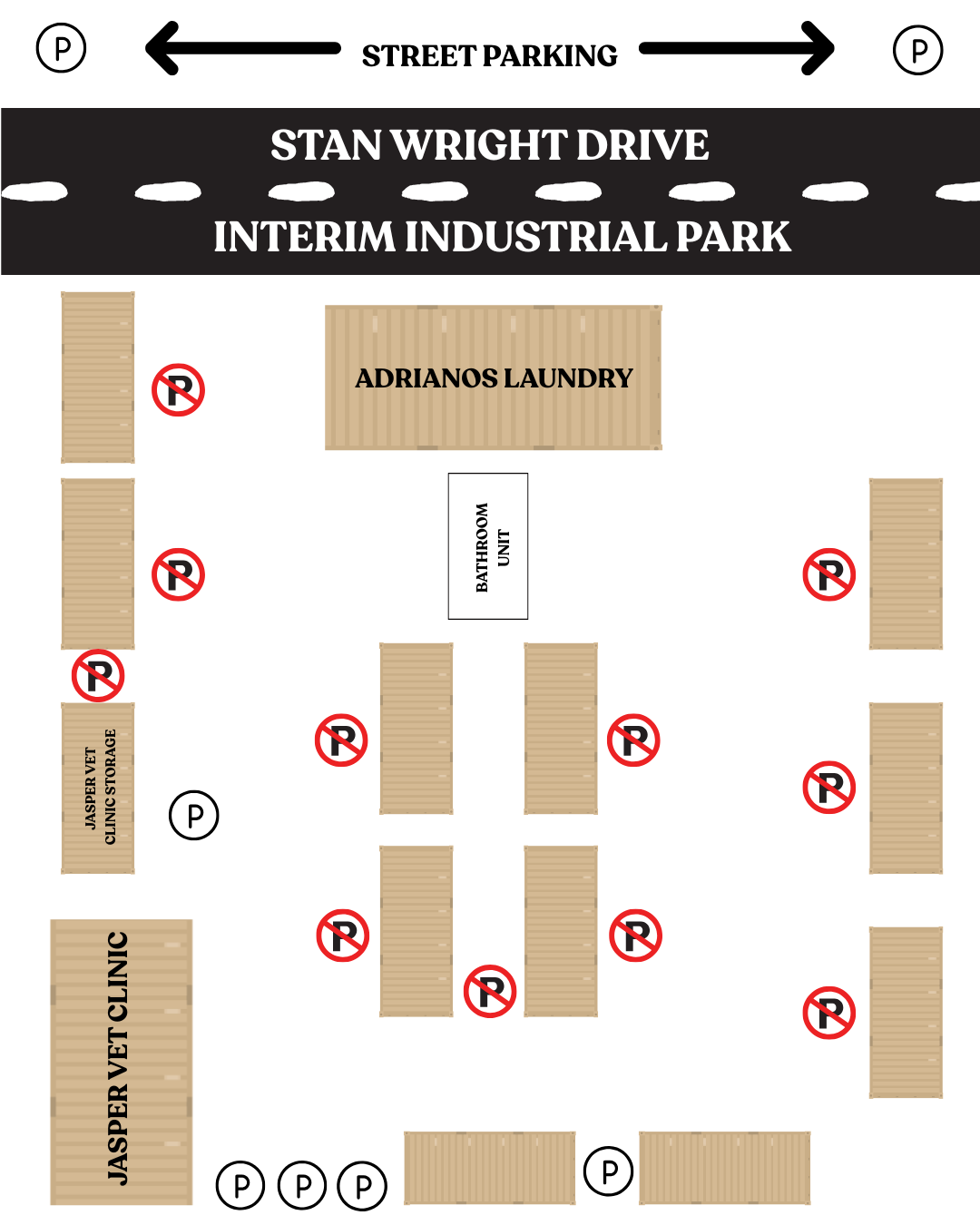 Map of the Interim Industrial Park, showing available parking on the fence line beside the vet clinic and across the street.