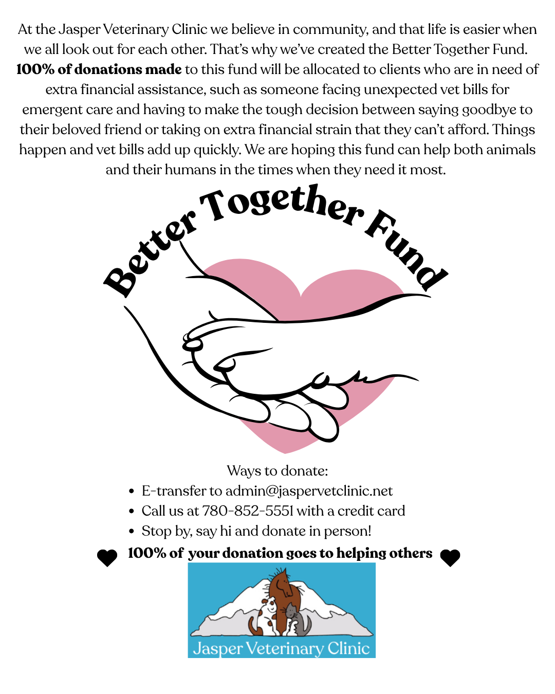 Poster repeating the info above word for word, with the Better Together Fund logo of a line drawn hand holding a paw with a pink heart in the background.