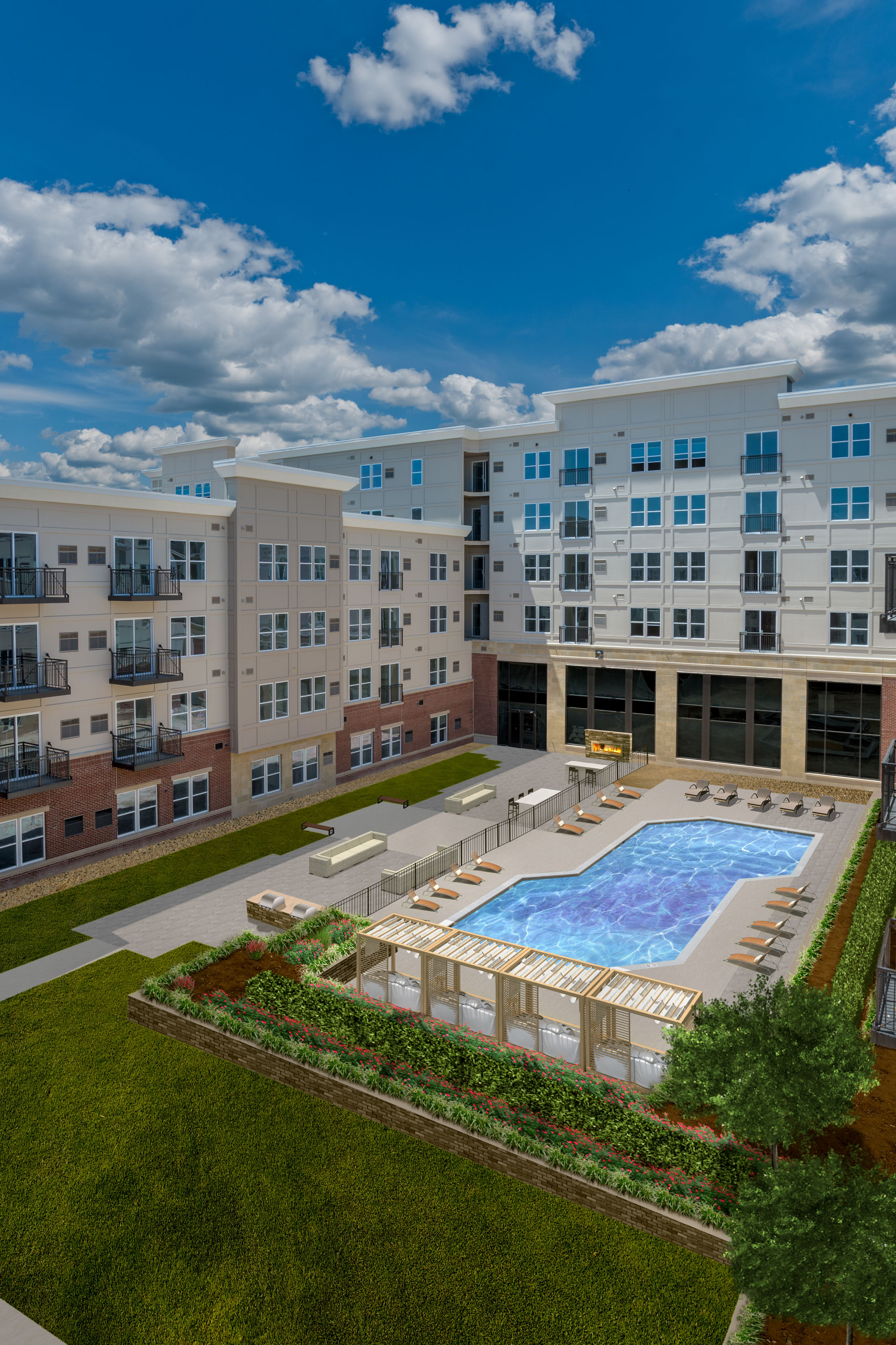 Swimming pool courtyard at The Remy apartments