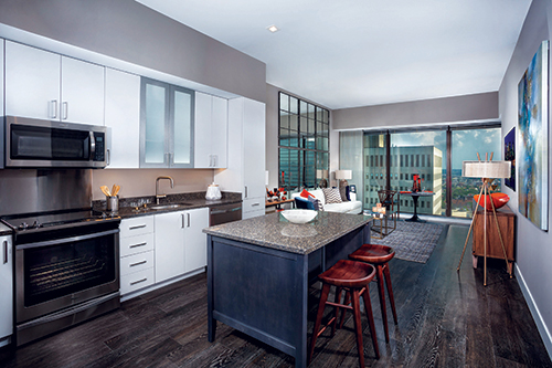 kitchen and living room at 2Hopkins apartments